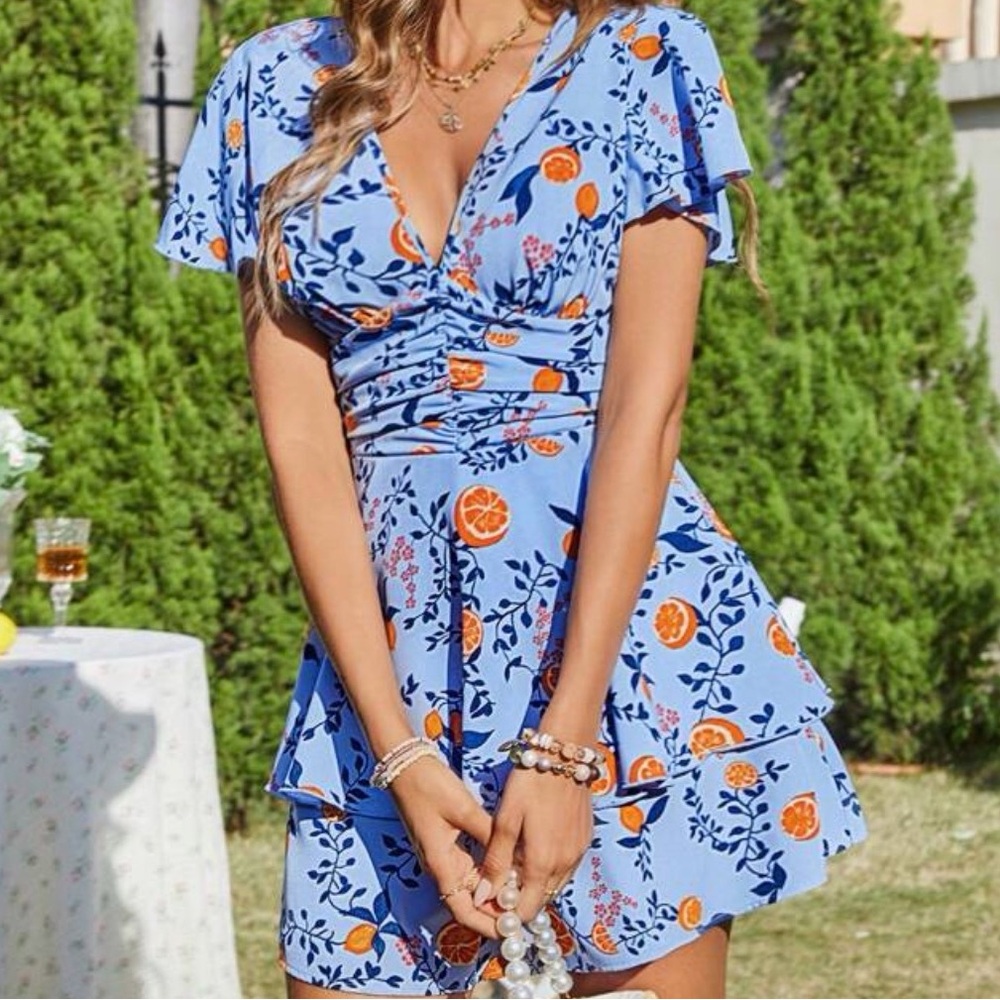 Blue Floral Orange Print V-Neck Tiered Women’s Dress